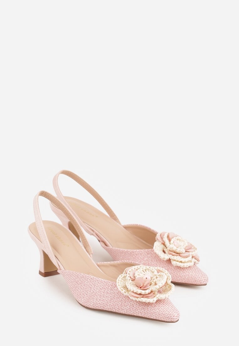 Różowe Sandały Slingback na Kaczuszce z Tweedowymi Wstawkami i Kwiatem 3D Zehe