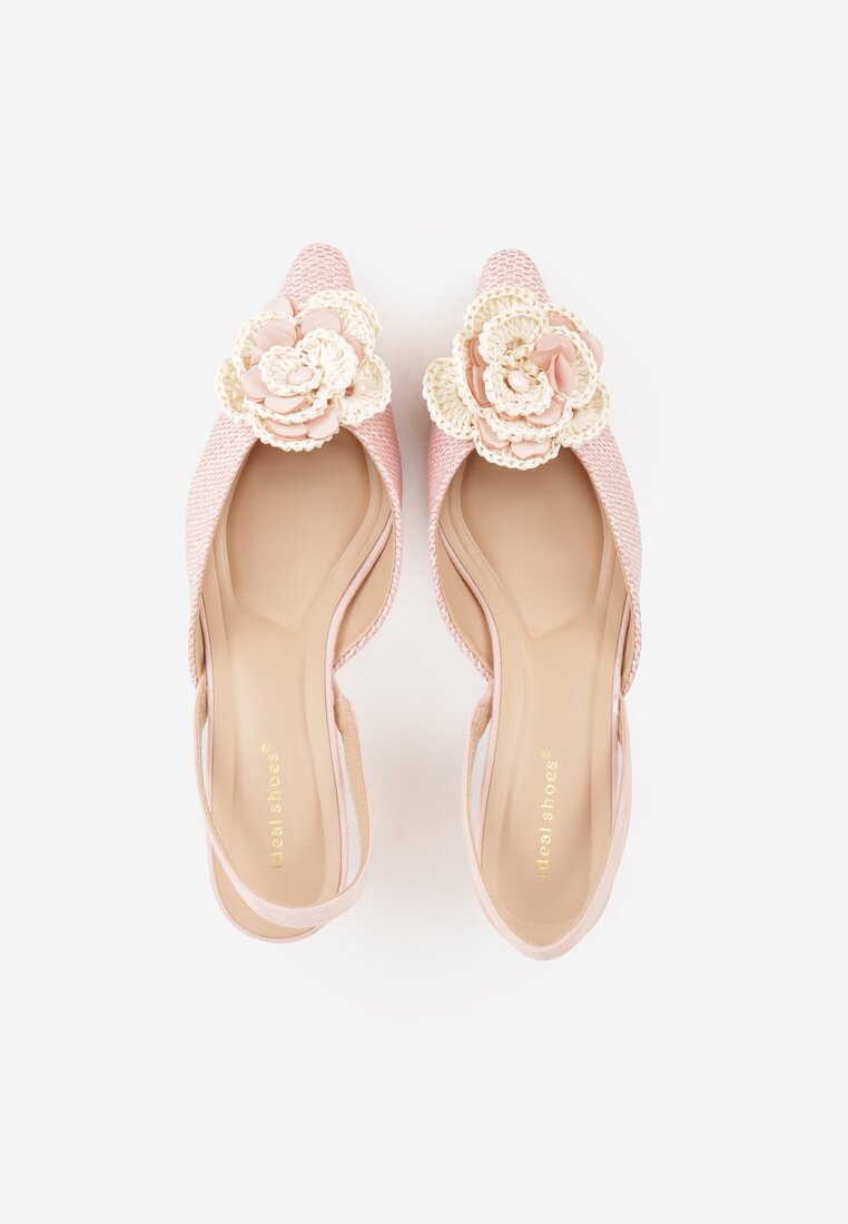 Różowe Sandały Slingback na Kaczuszce z Tweedowymi Wstawkami i Kwiatem 3D Zehe