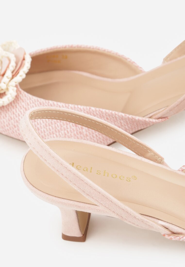 Różowe Sandały Slingback na Kaczuszce z Tweedowymi Wstawkami i Kwiatem 3D Zehe