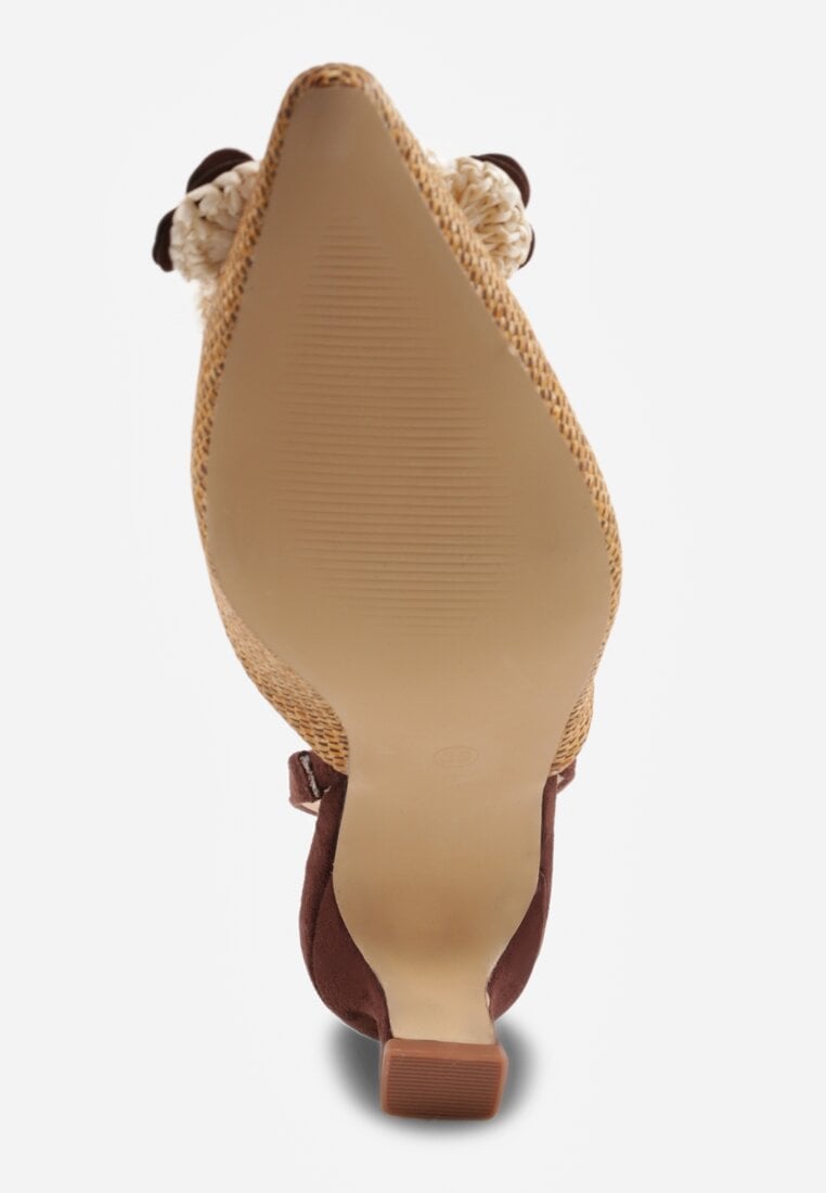 Brązowe Sandały Slingback na Kaczuszce z Tweedowymi Wstawkami i Kwiatem 3D Zehe