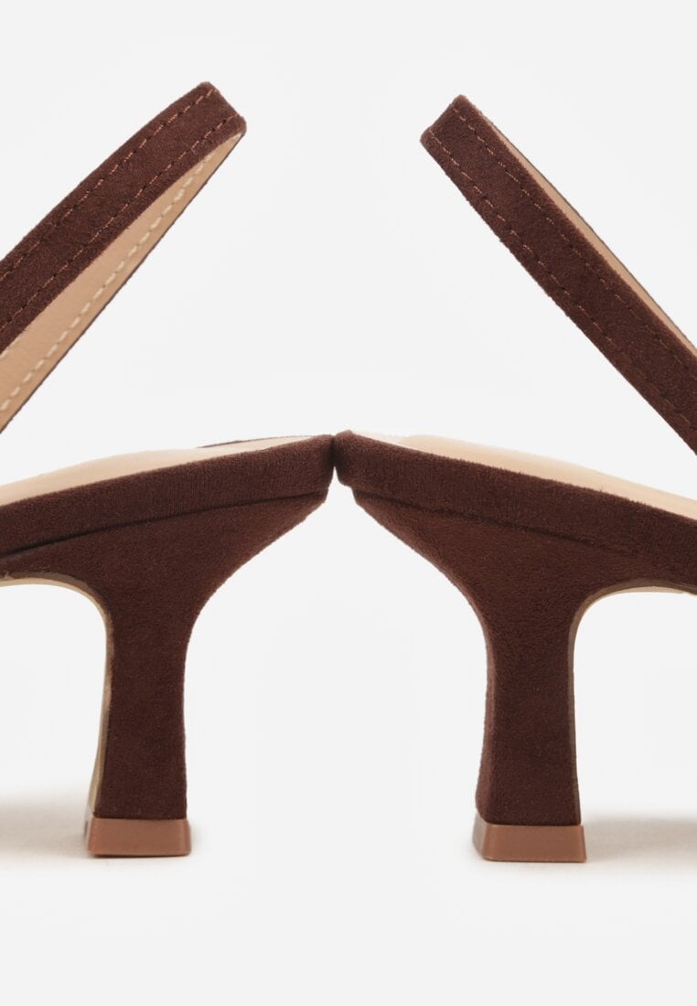 Brązowe Sandały Slingback na Kaczuszce z Tweedowymi Wstawkami i Kwiatem 3D Zehe