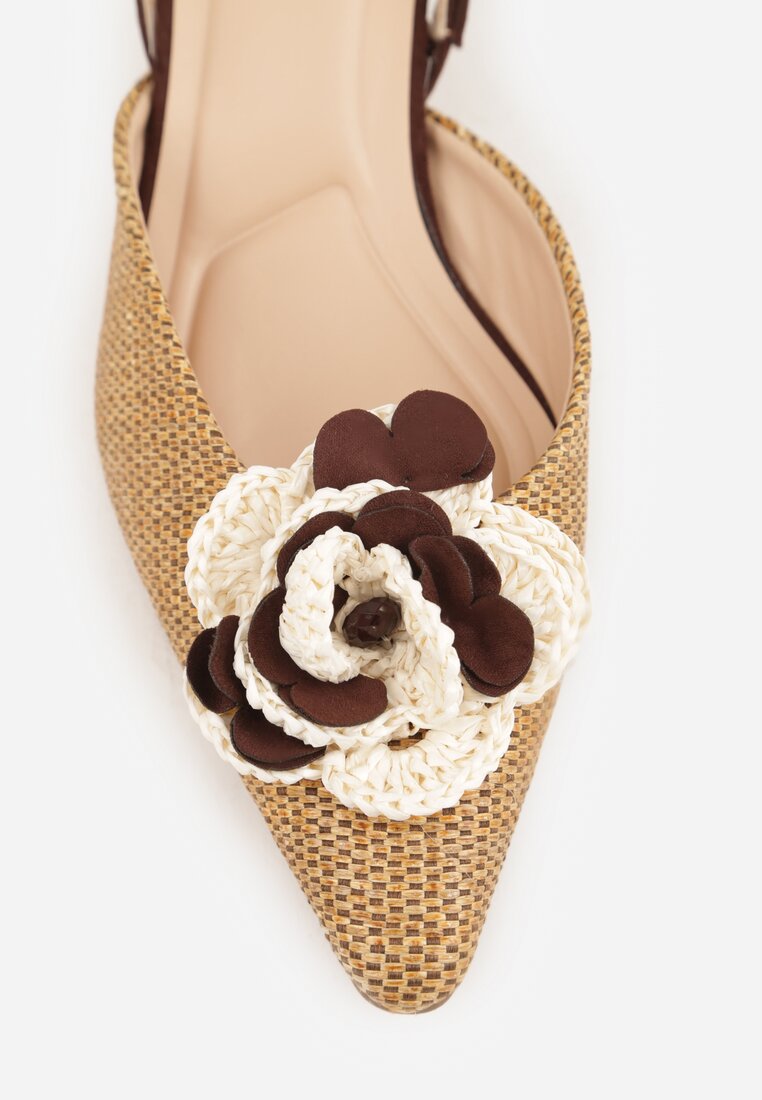Brązowe Sandały Slingback na Kaczuszce z Tweedowymi Wstawkami i Kwiatem 3D Zehe