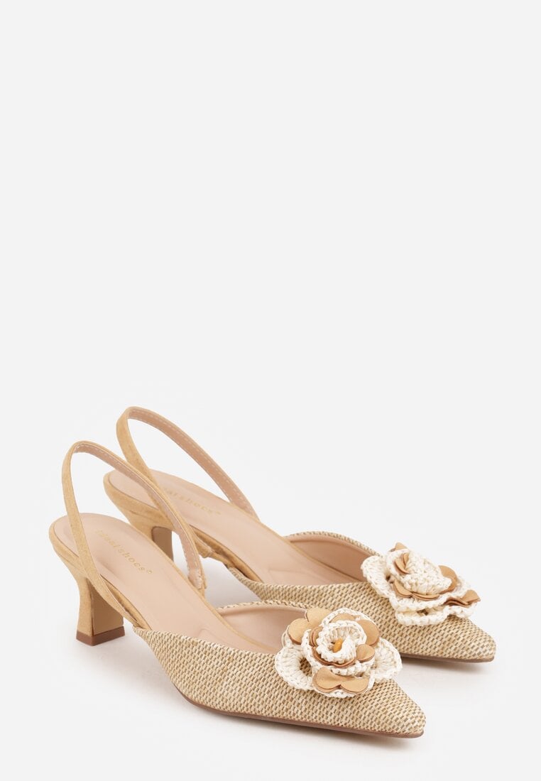 Beżowe Sandały Slingback na Kaczuszce z Tweedowymi Wstawkami i Kwiatem 3D Zehe