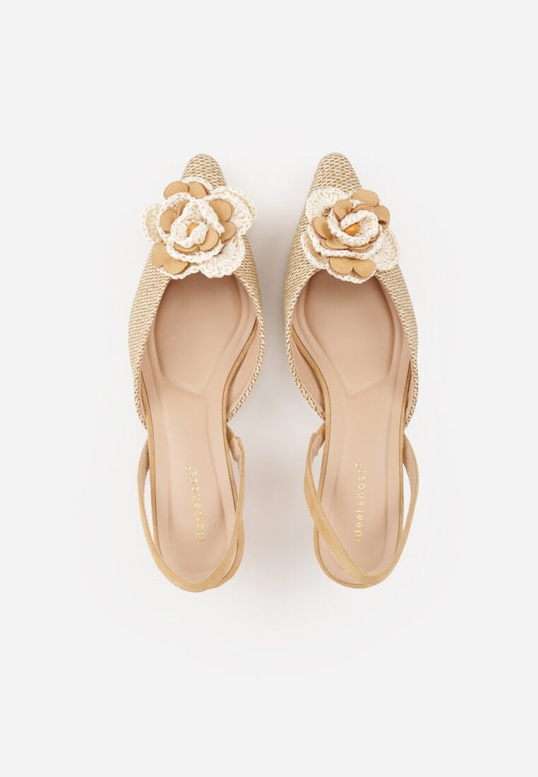 Beżowe Sandały Slingback na Kaczuszce z Tweedowymi Wstawkami i Kwiatem 3D Zehe