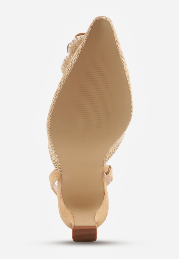 Beżowe Sandały Slingback na Kaczuszce z Tweedowymi Wstawkami i Kwiatem 3D Zehe