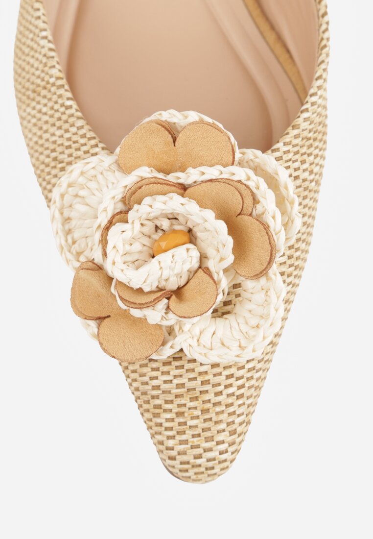 Beżowe Sandały Slingback na Kaczuszce z Tweedowymi Wstawkami i Kwiatem 3D Zehe