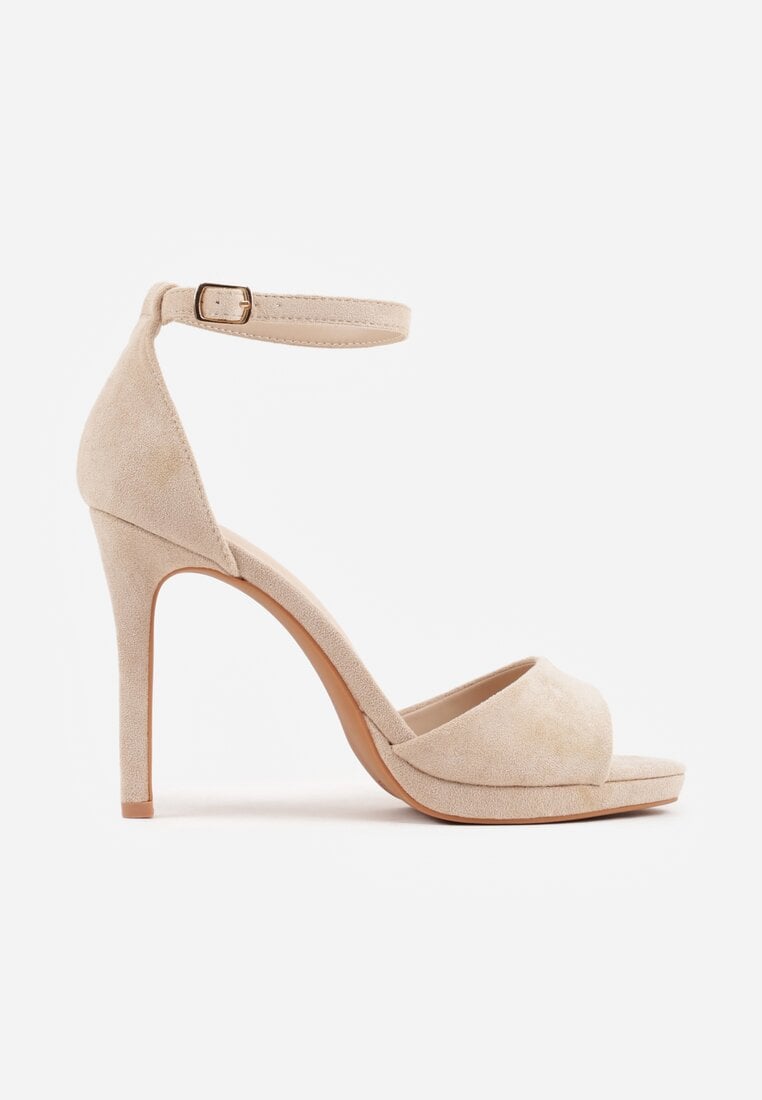 Beżowe Sandały na Szpilce z Imitacji Zamszu z Zapięciem na Klamerkę przy Pasku Odesei