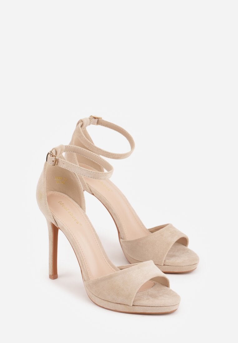 Beżowe Sandały na Szpilce z Imitacji Zamszu z Zapięciem na Klamerkę przy Pasku Odesei