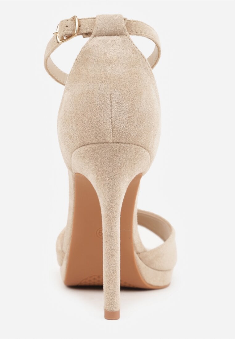 Beżowe Sandały na Szpilce z Imitacji Zamszu z Zapięciem na Klamerkę przy Pasku Odesei