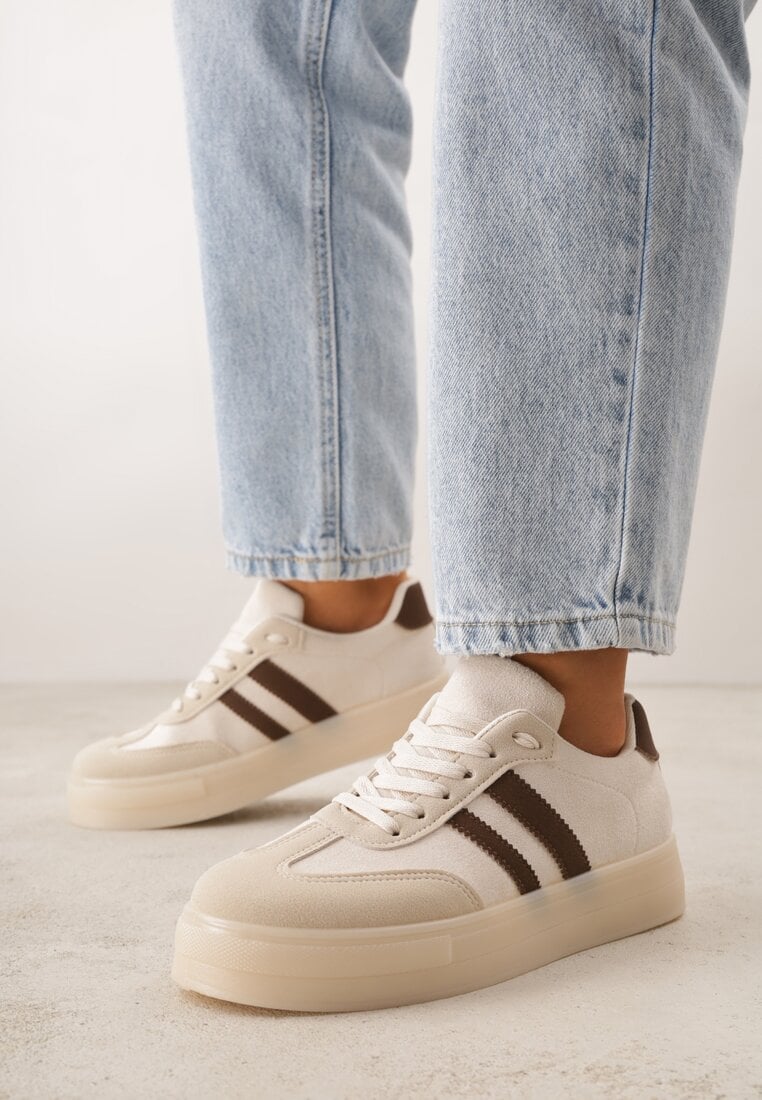 Beżowe Sneakersy na Platformie w Stylu Tenisówek Ozdobione Paskami Ladia