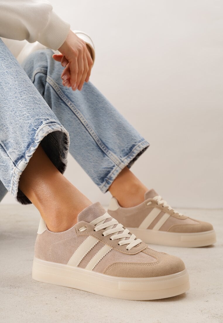 Ciemnobeżowe Sneakersy na Platformie w Stylu Tenisówek Ozdobione Paskami Ladia