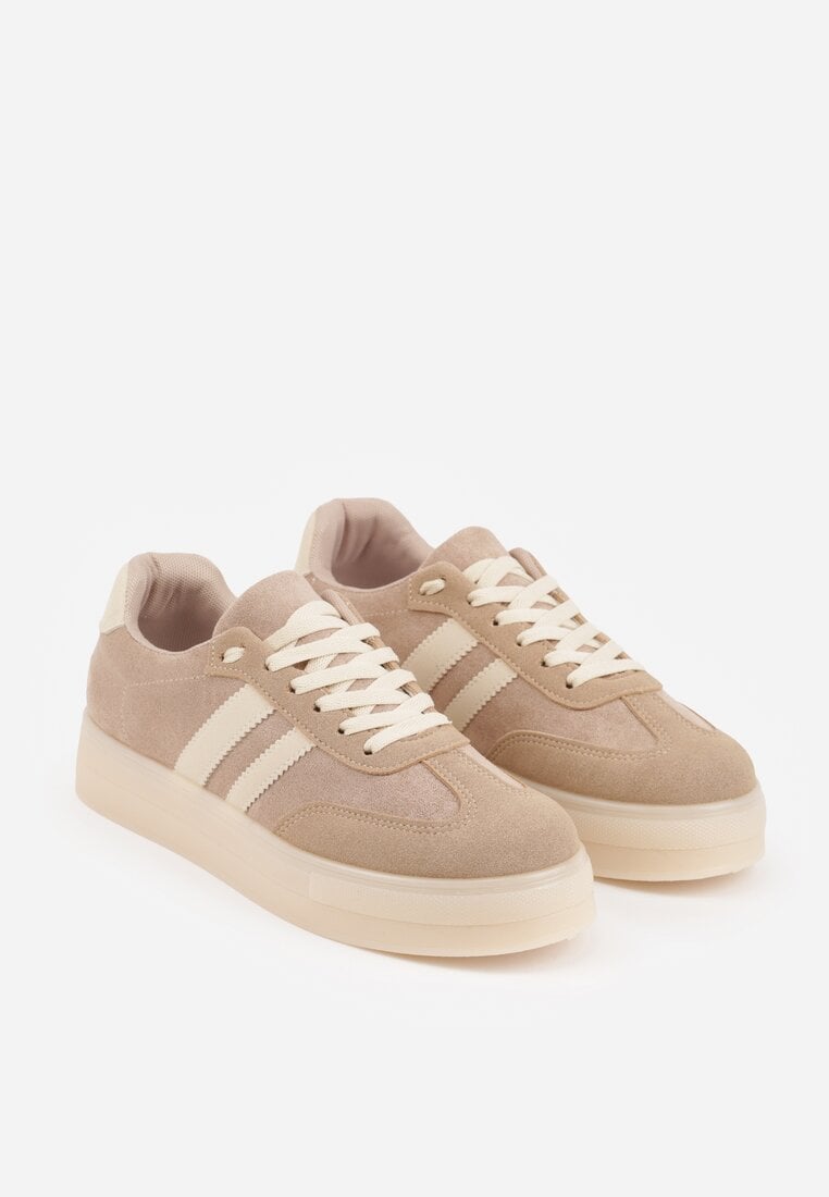 Ciemnobeżowe Sneakersy na Platformie w Stylu Tenisówek Ozdobione Paskami Ladia