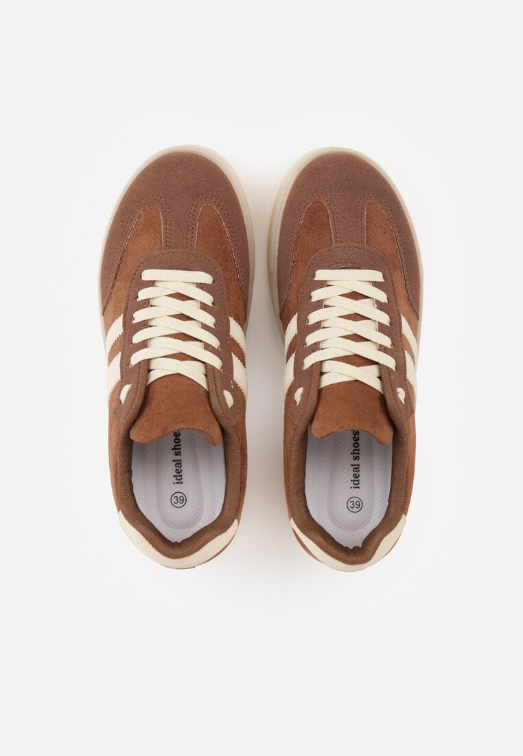 Brązowe Sneakersy na Platformie w Stylu Tenisówek Ozdobione Paskami Ladia