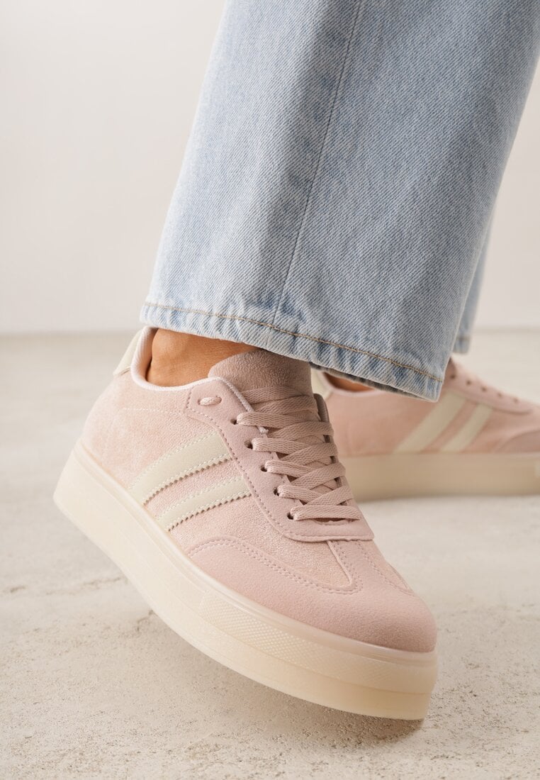 Różowe Sneakersy na Platformie w Stylu Tenisówek Ozdobione Paskami Ladia