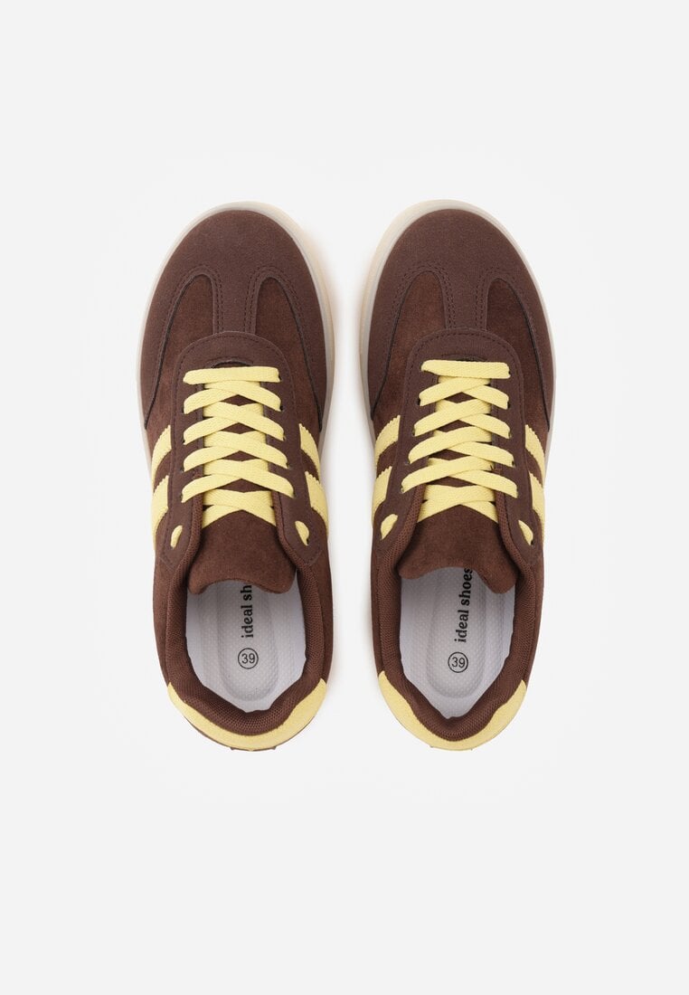 Ciemnobrązowe Sneakersy na Platformie w Stylu Tenisówek Ozdobione Paskami Ladia