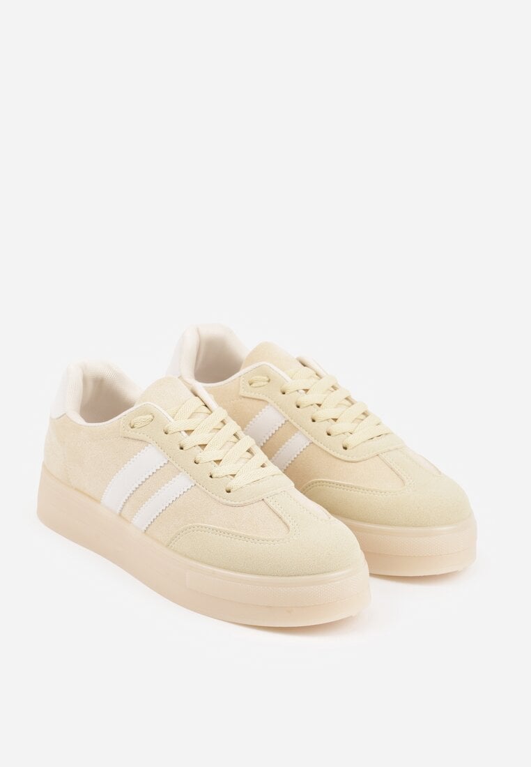 Jasnożółte Sneakersy na Platformie w Stylu Tenisówek Ozdobione Paskami Ladia