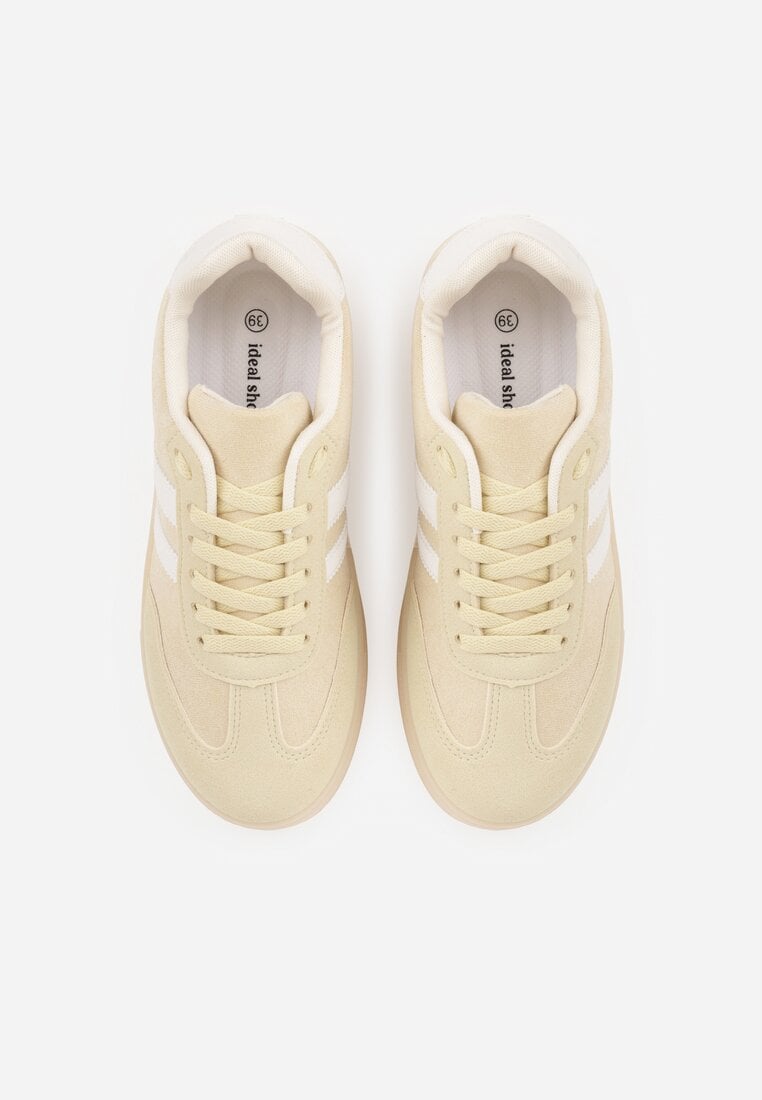 Jasnożółte Sneakersy na Platformie w Stylu Tenisówek Ozdobione Paskami Ladia