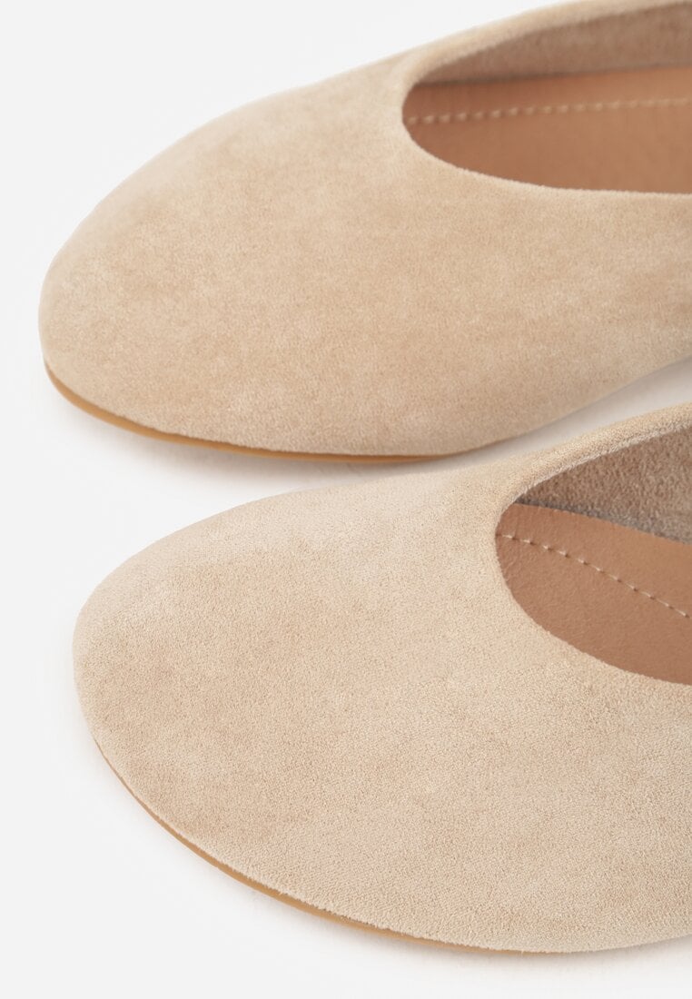 Beżowe Balerinki z Imitacji Zamszu w Stylu Basic Saraphiele