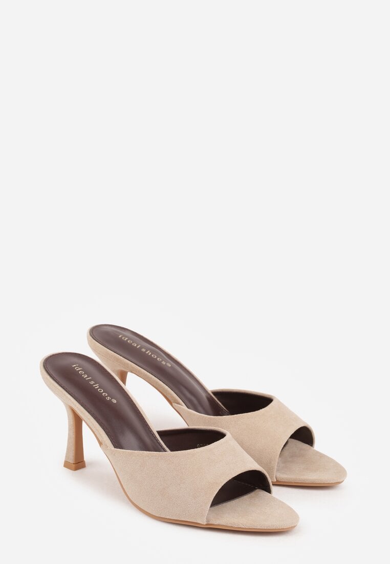 Beżowe Klapki na Szpilce z Imitacji Zamszu z Noskiem Peep Toe Merissaura