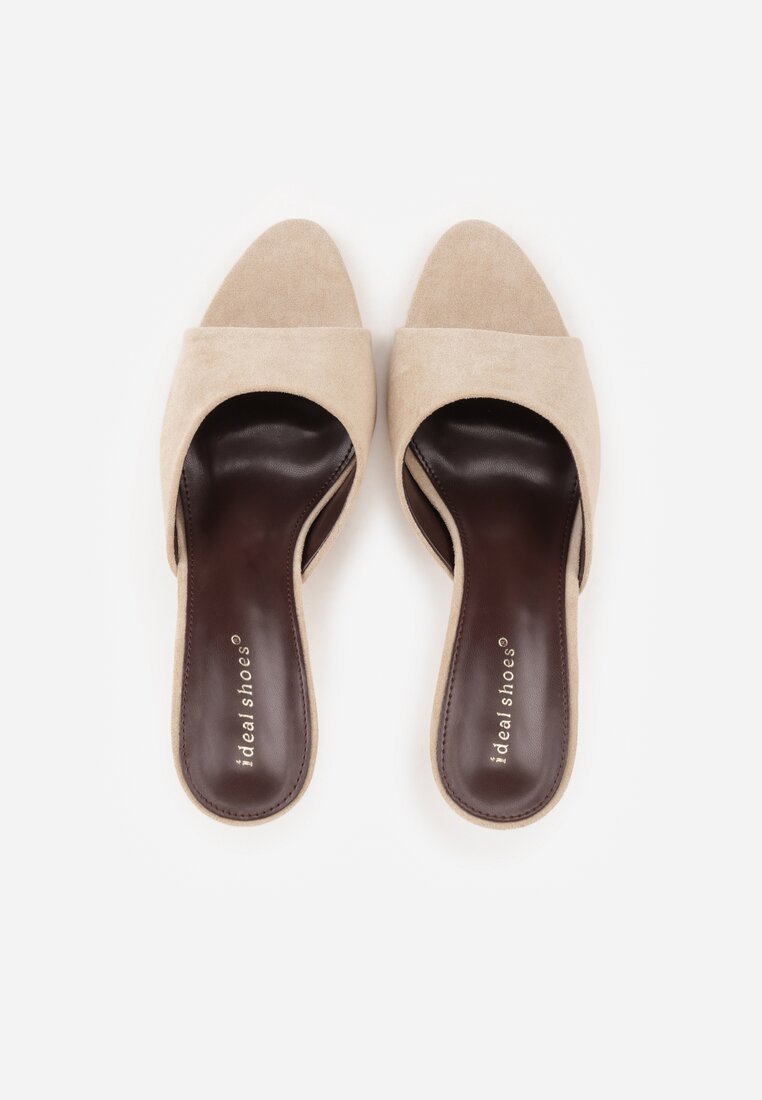 Beżowe Klapki na Szpilce z Imitacji Zamszu z Noskiem Peep Toe Merissaura