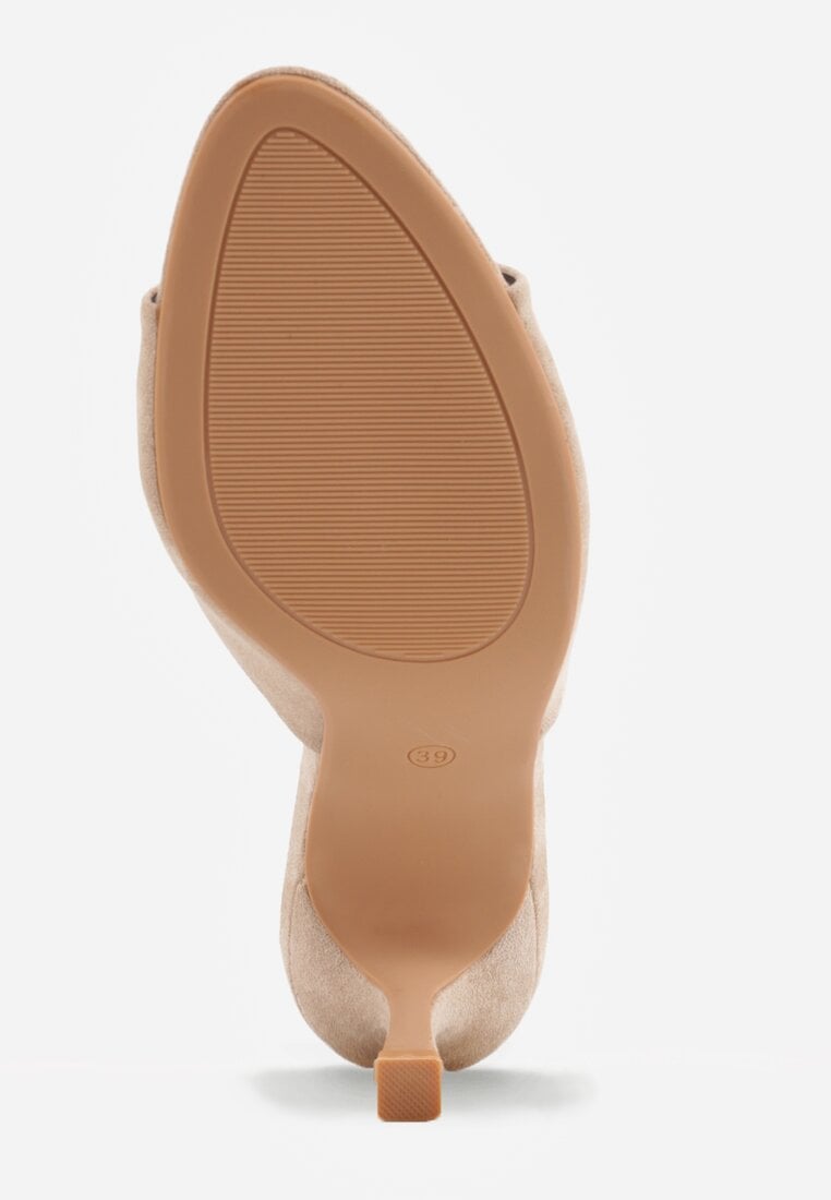 Beżowe Klapki na Szpilce z Imitacji Zamszu z Noskiem Peep Toe Merissaura