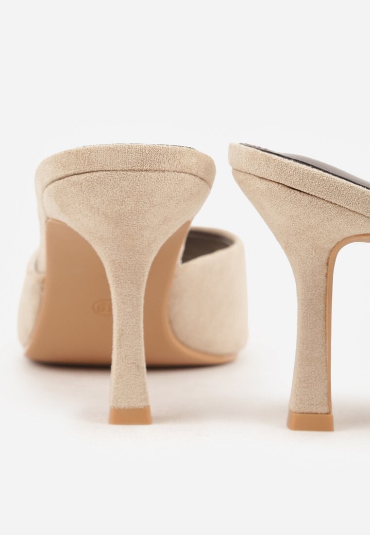 Beżowe Klapki na Szpilce z Imitacji Zamszu z Noskiem Peep Toe Merissaura