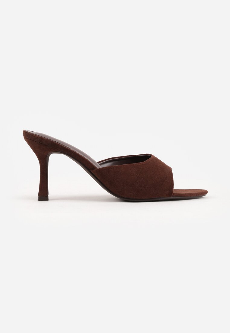 Brązowe Klapki na Szpilce z Imitacji Zamszu z Noskiem Peep Toe Merissaura