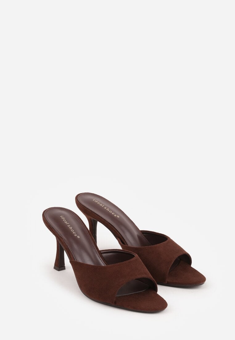 Brązowe Klapki na Szpilce z Imitacji Zamszu z Noskiem Peep Toe Merissaura