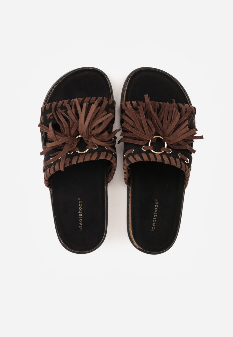 Czarne Klapki Boho z Ozdobnymi Frędzlami Samsonitta