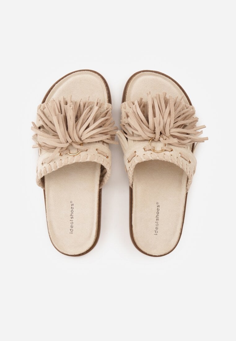 Beżowe Klapki Boho z Ozdobnymi Frędzlami Samsonitta