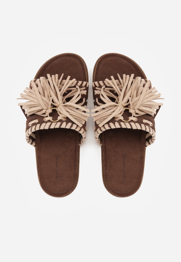 Brązowe Klapki Boho z Ozdobnymi Frędzlami Samsonitta