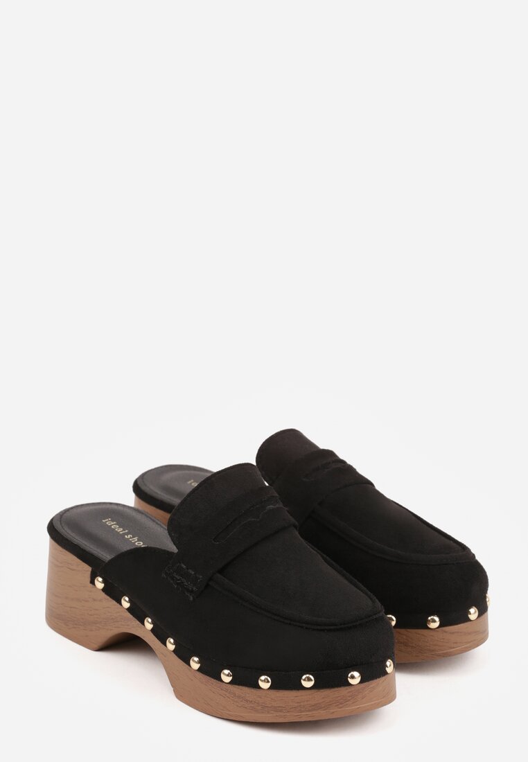 Czarne Klapki Drewniaki o Fasonie Loafersów z Ozdobnymi Nitami Sargita