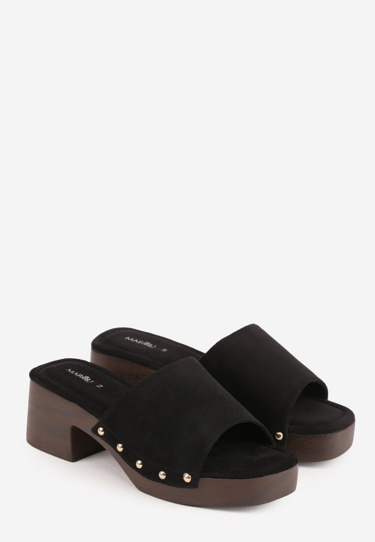 Czarne Klapki w Stylu Drewniaków z Nitami na Klockowym Obcasie Junikofa