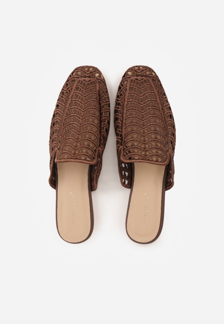 Brązowe Ażurowe Klapki Mule z Plecioną Cholewką Raguela