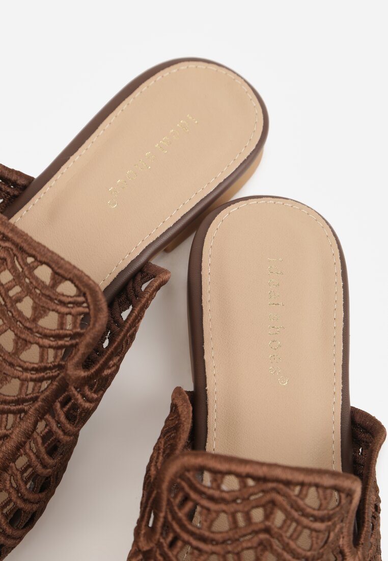 Brązowe Ażurowe Klapki Mule z Plecioną Cholewką Raguela
