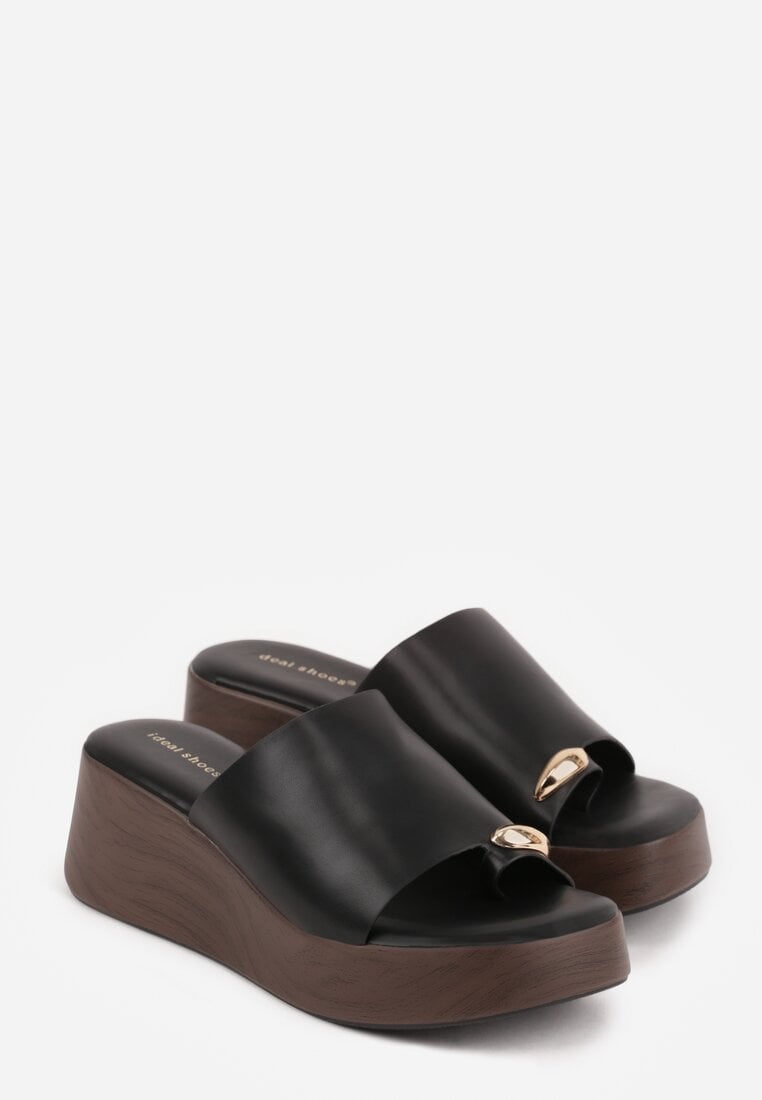 Czarne Klapki Japonki na Koturnie w Stylu Drewniaków Triaqueena