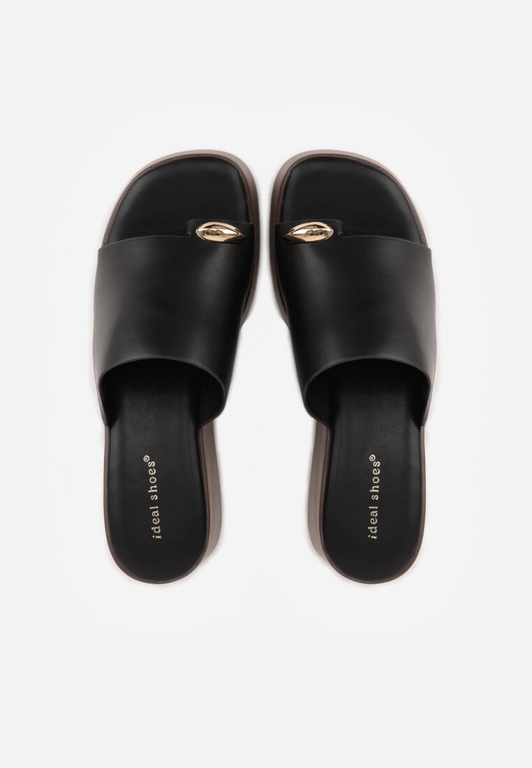 Czarne Klapki Japonki na Koturnie w Stylu Drewniaków Triaqueena