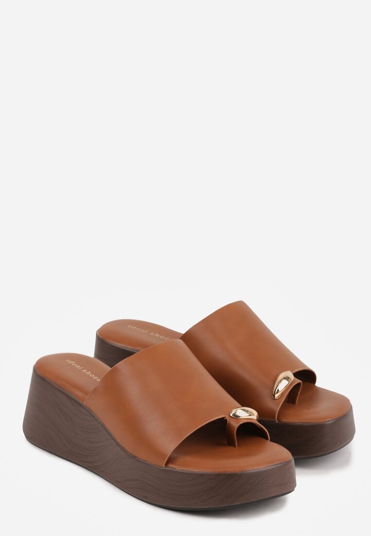 Jasnobrązowe Klapki Japonki na Koturnie w Stylu Drewniaków Triaqueena