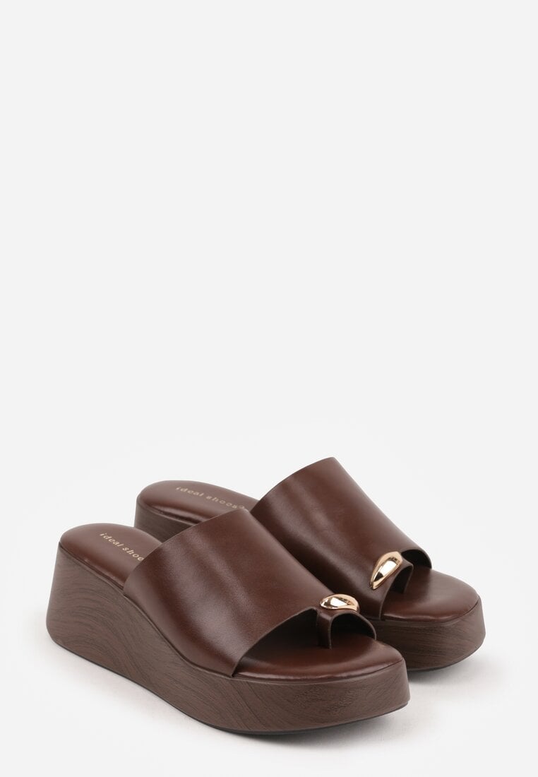 Brązowe Klapki Japonki na Koturnie w Stylu Drewniaków Triaqueena