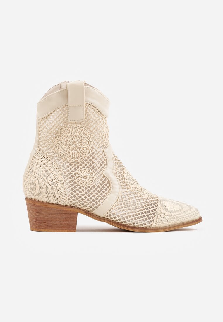 Beżowe Botki Kowbojki na Stożku z Ażurową Cholewką z Haftem Isarna