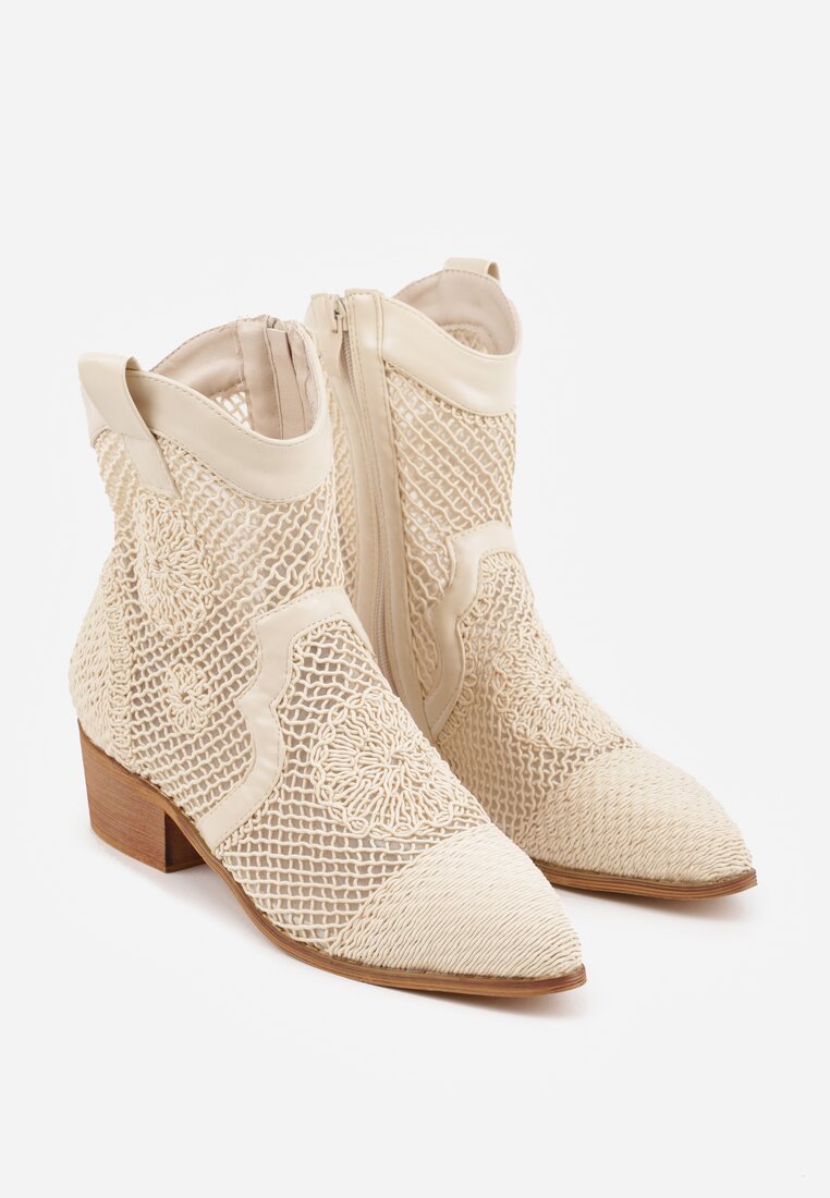 Beżowe Botki Kowbojki na Stożku z Ażurową Cholewką z Haftem Isarna