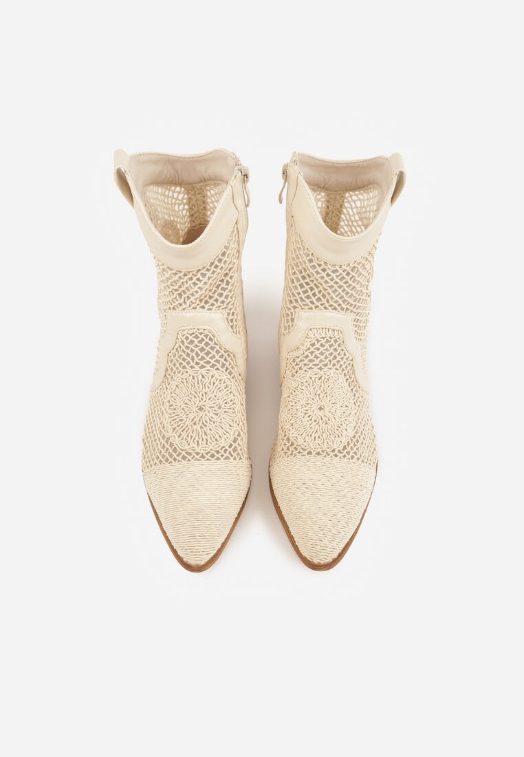 Beżowe Botki Kowbojki na Stożku z Ażurową Cholewką z Haftem Isarna