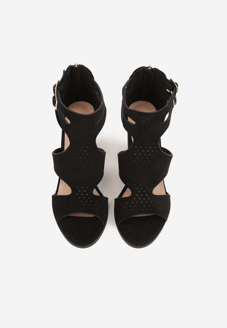 Czarne Sandały na Wysokim Słupku z Perforacją z Imitacji Zamszu Meeyah