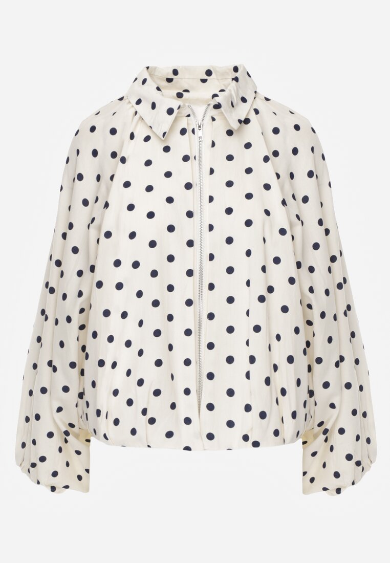 Jasnobeżowa Nietoperzowa Bluza z Wiskozą w Kropki z Kołnierzykiem Meze