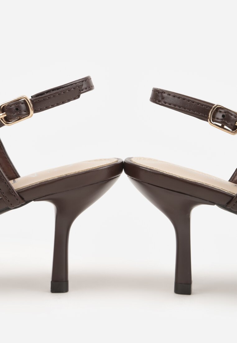Brązowe Ażurowe Sandały na Szpilce Typu Slingback Pavidia