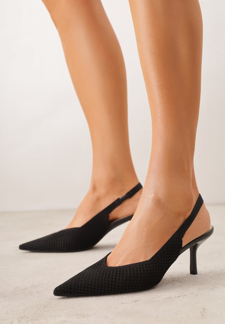 Czarne Sandały Slingback z Ażurową Cholewką i Szpiczastym Noskiem Beethovia
