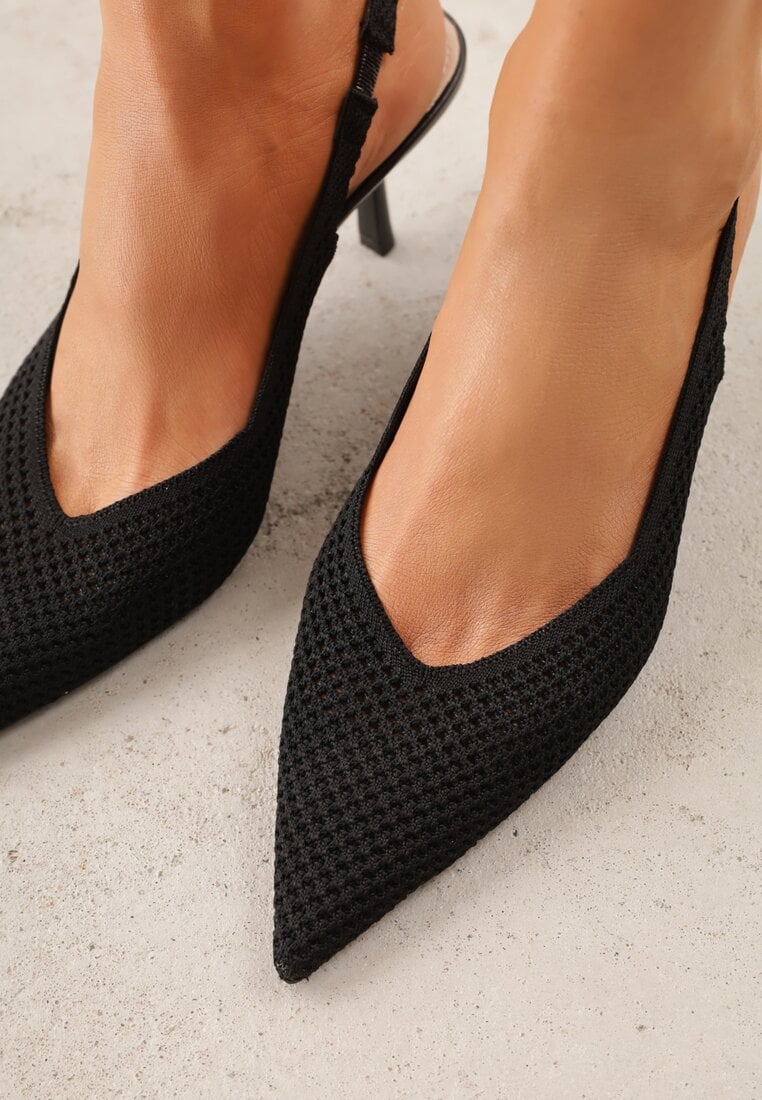 Czarne Sandały Slingback z Ażurową Cholewką i Szpiczastym Noskiem Beethovia