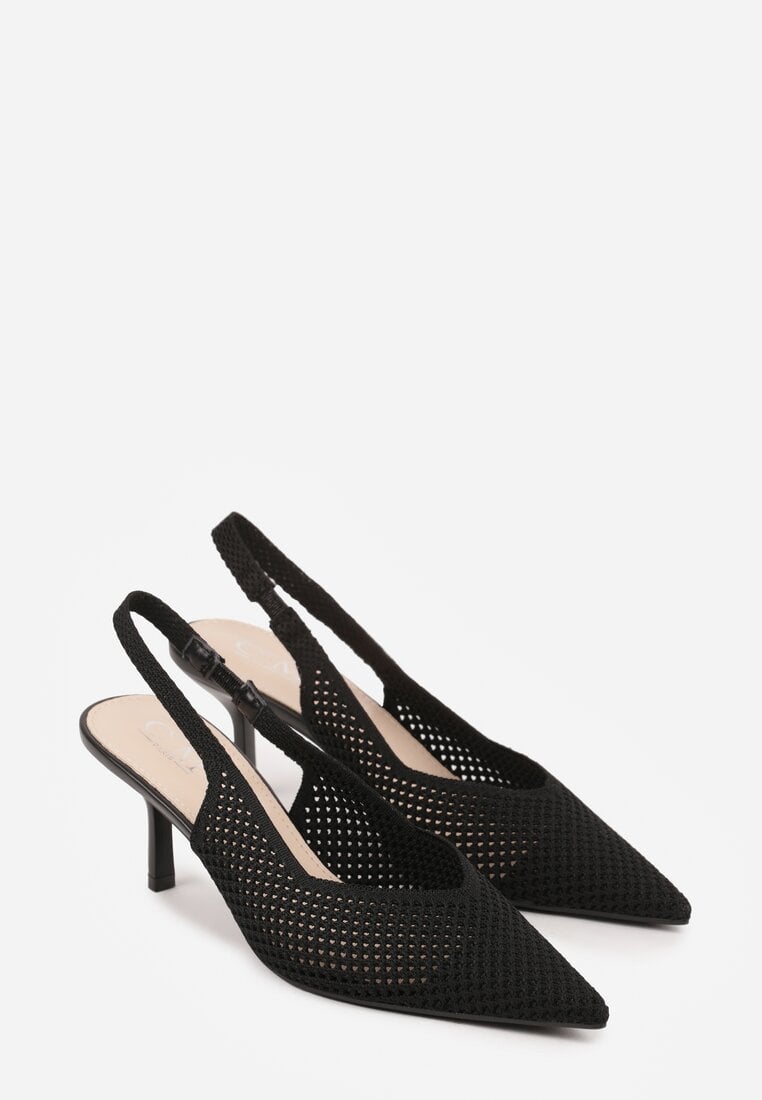 Czarne Sandały Slingback z Ażurową Cholewką i Szpiczastym Noskiem Beethovia