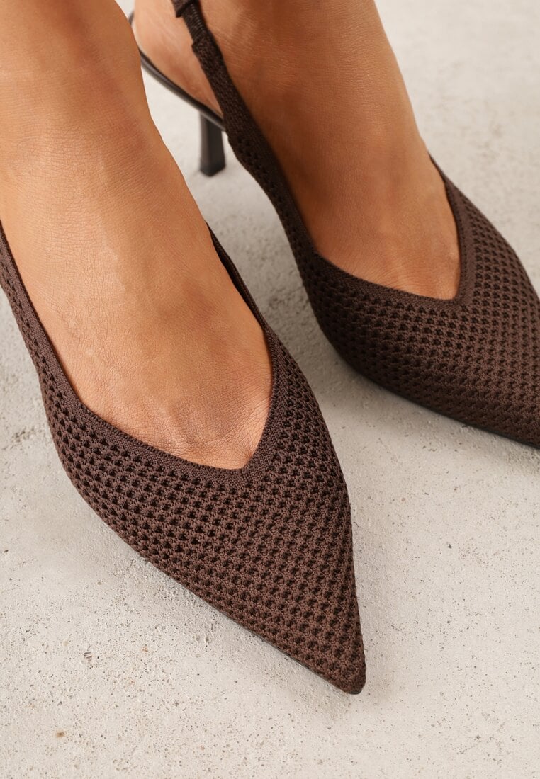 Brązowe Sandały Slingback z Ażurową Cholewką i Szpiczastym Noskiem Beethovia