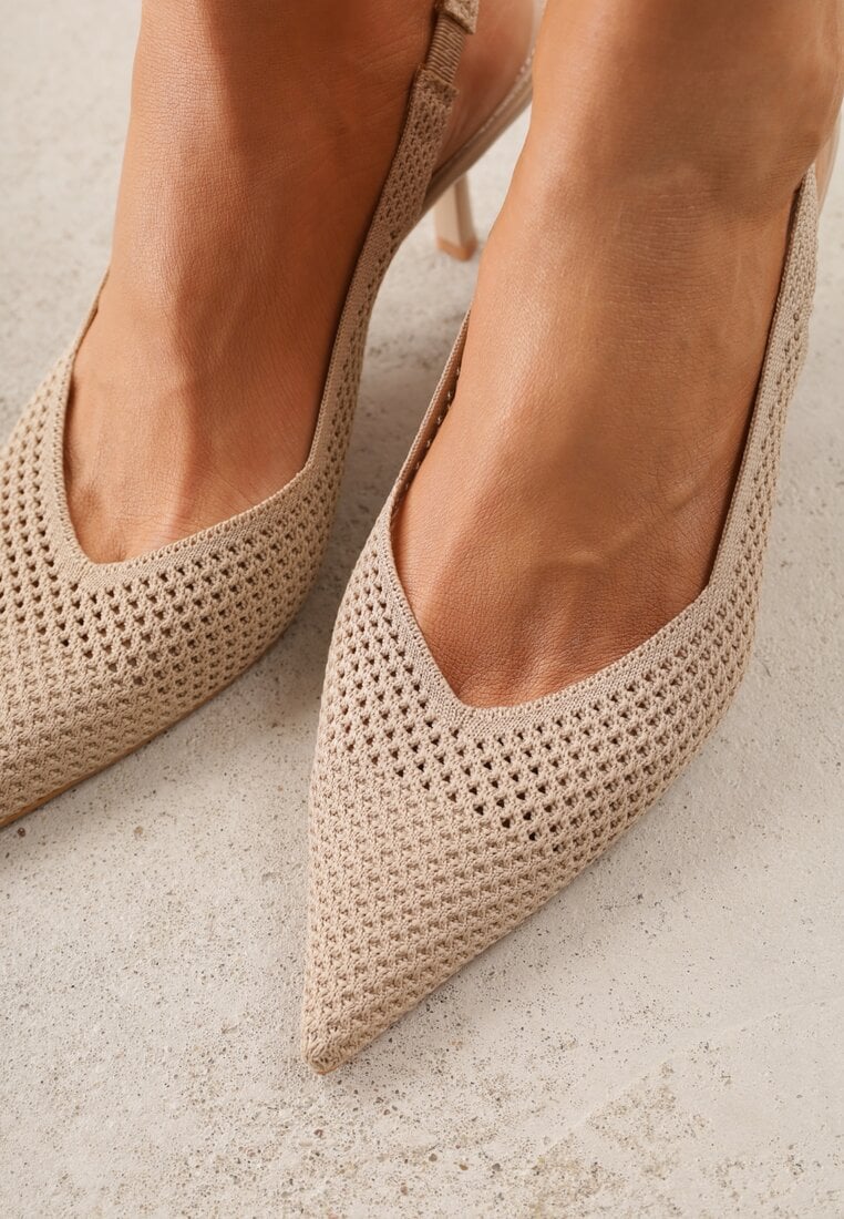 Beżowe Sandały Slingback z Ażurową Cholewką i Szpiczastym Noskiem Beethovia